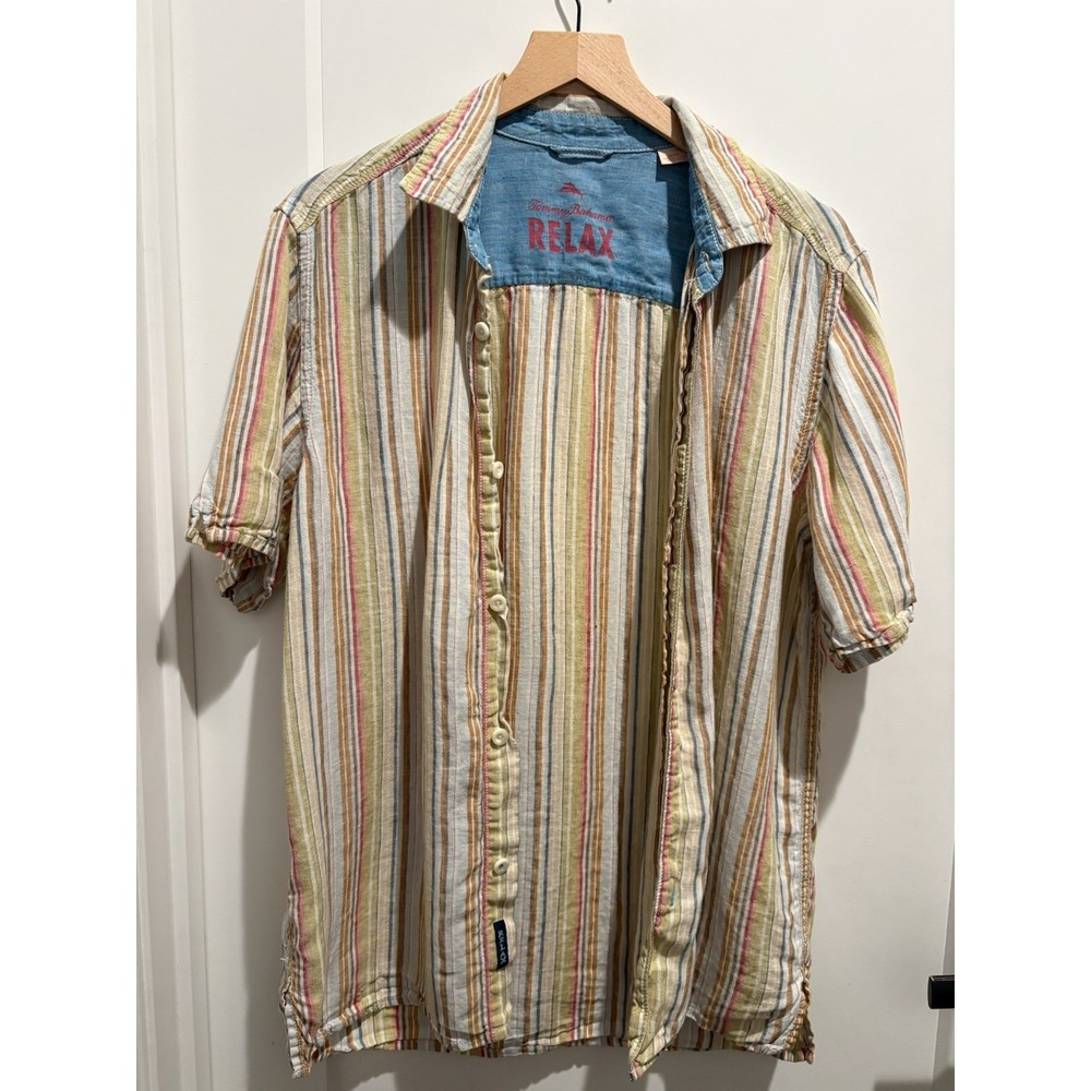 Tommy Bahama Relax Mens Medium Striped Short Sleeve 100% Linen Button Down Shirt